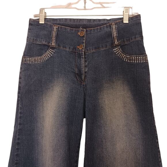 Y2K GAUCHOS Coullotes Jrs Sz XL Denim Stretch Spandex RHINESTONES Sun Fade - Picture 4 of 16